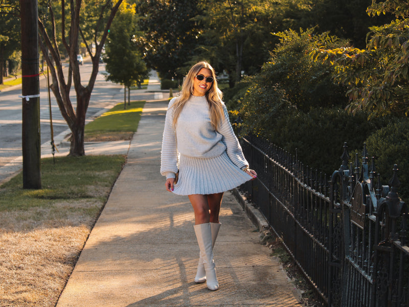 Baby Blue Balloon Sleeve Sweater and Pleated Skirt Set