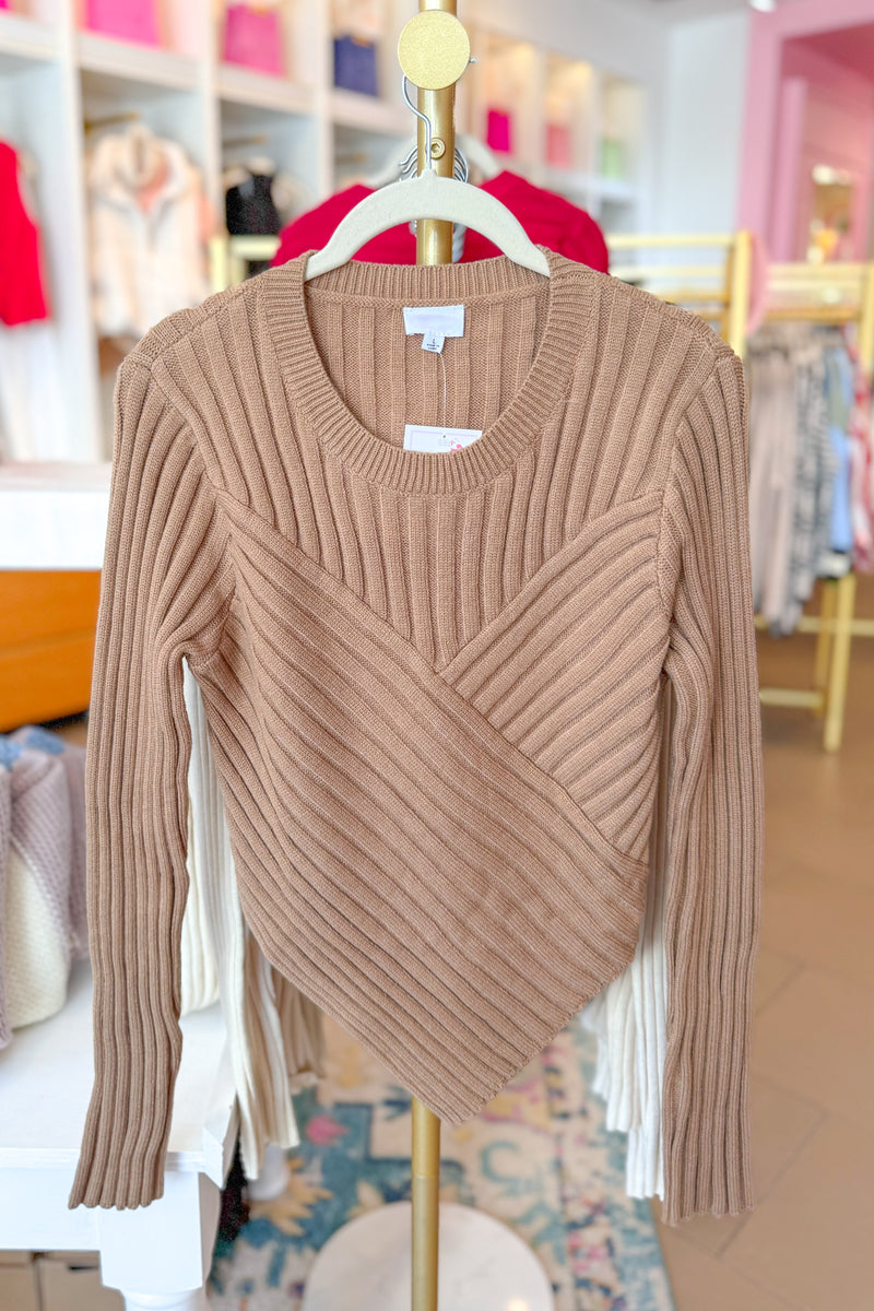 Tan Ribbed Asymmetrical Knit Sweater Top