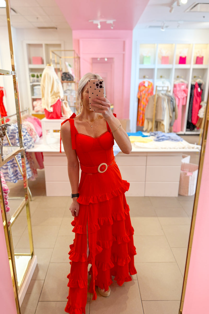 Red Tiered Ruffle Tie Top Maxi Dress