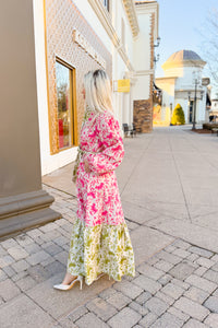 Pink and Green Floral Long Sleeve Maxi Dress