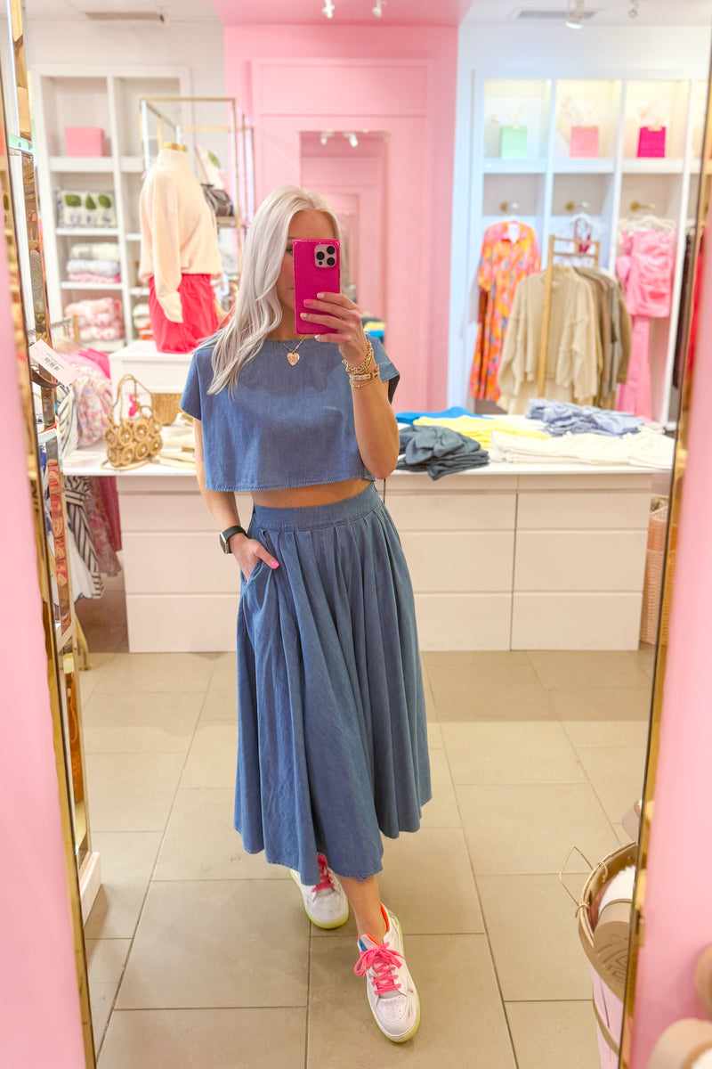 Denim Crop Top and Midi Skirt Set