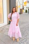 Baby Pink Plaid Sheer Puff Sleeve Midi Dress