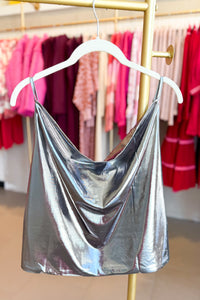 Silver Metallic Cowl Neck Tank Top