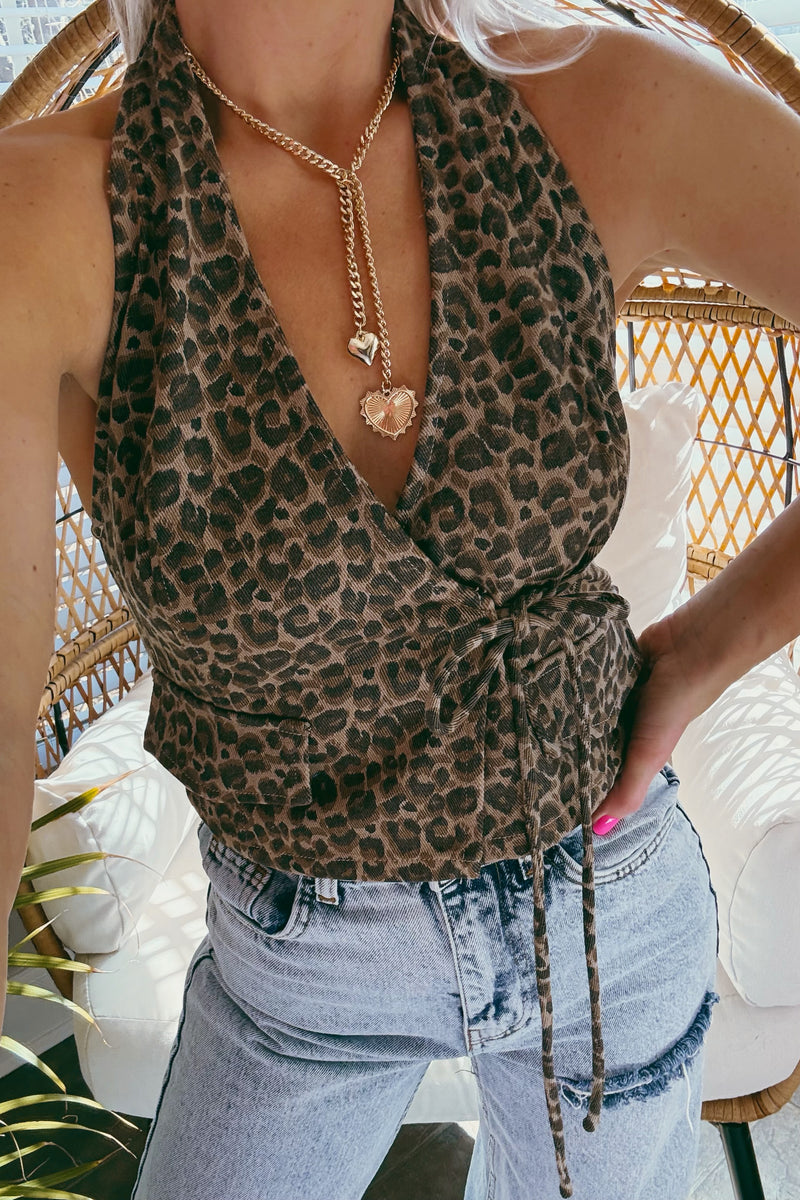 Denim Leopard Halter Neck Top