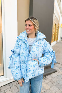 Blue Floral Puffer Jacket With Bows