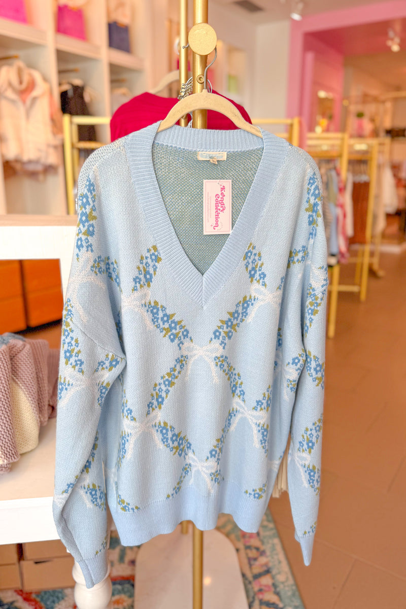 Blue Floral Coquette V-Neck Sweater