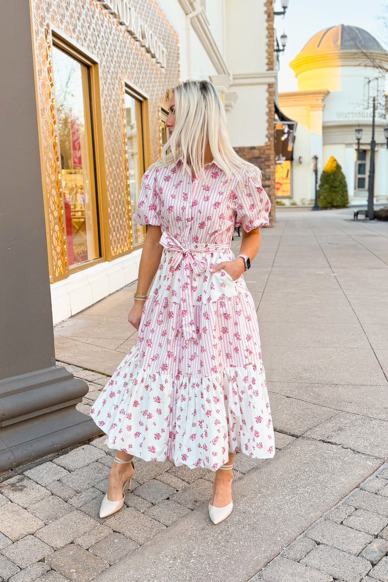 Pink Floral Print Puff Sleeve Midi Dress