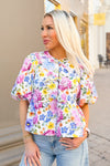 Multi Color Floral Puff Sleeve Front Tie Blouse