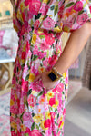 Pink Floral Pintuck Waist Midi Dress