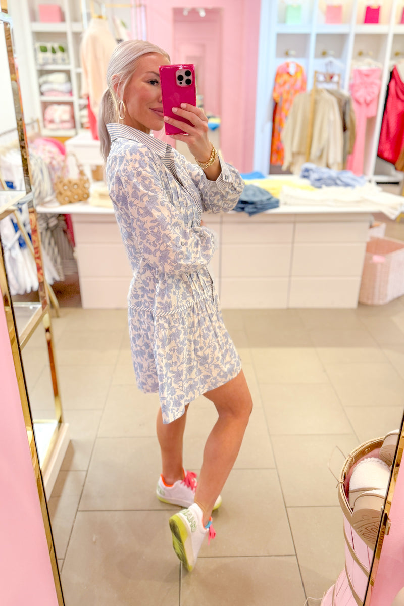 Blue Collared Floral Print Mini Dress