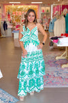 Green 3D Flower Tiered Ruffle Maxi Dress