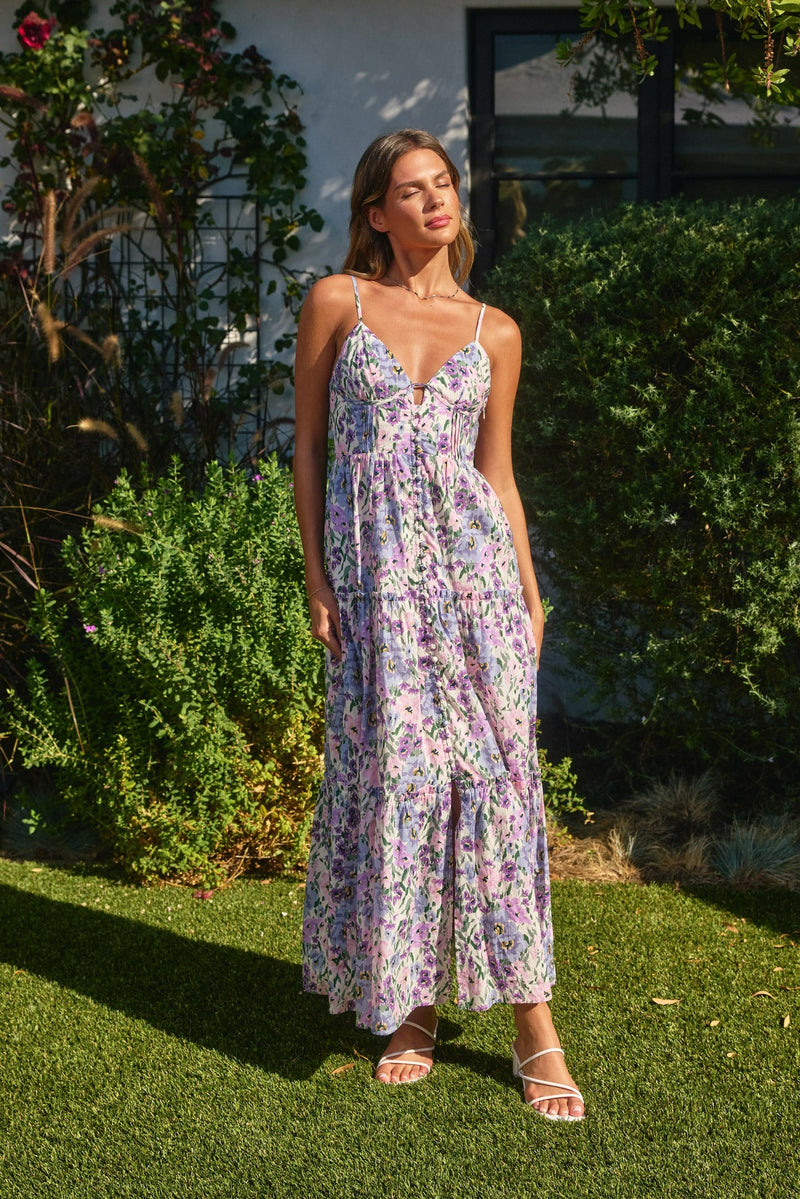 Purple Multi Floral Bustier Tiered Maxi Dress