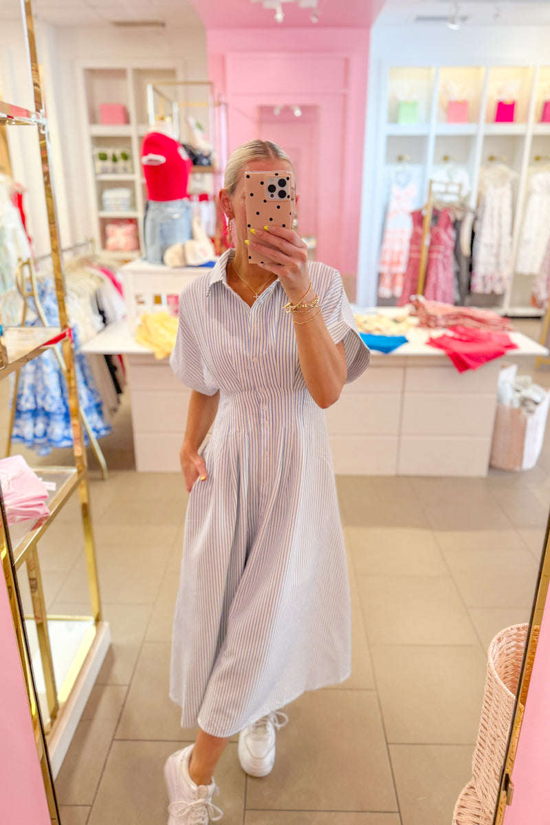 Blue and White Striped Cinched Waist Midi Dress