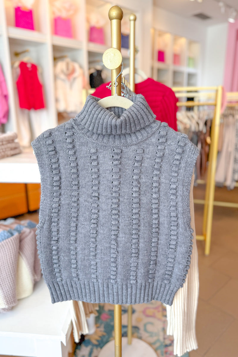 Grey Textured Sleeveless Turtleneck Sleeveless Sweater