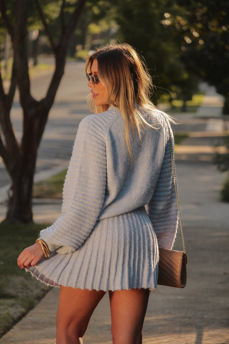 Baby Blue Balloon Sleeve Sweater and Pleated Skirt Set