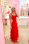 Red Tiered Ruffle Tie Top Maxi Dress