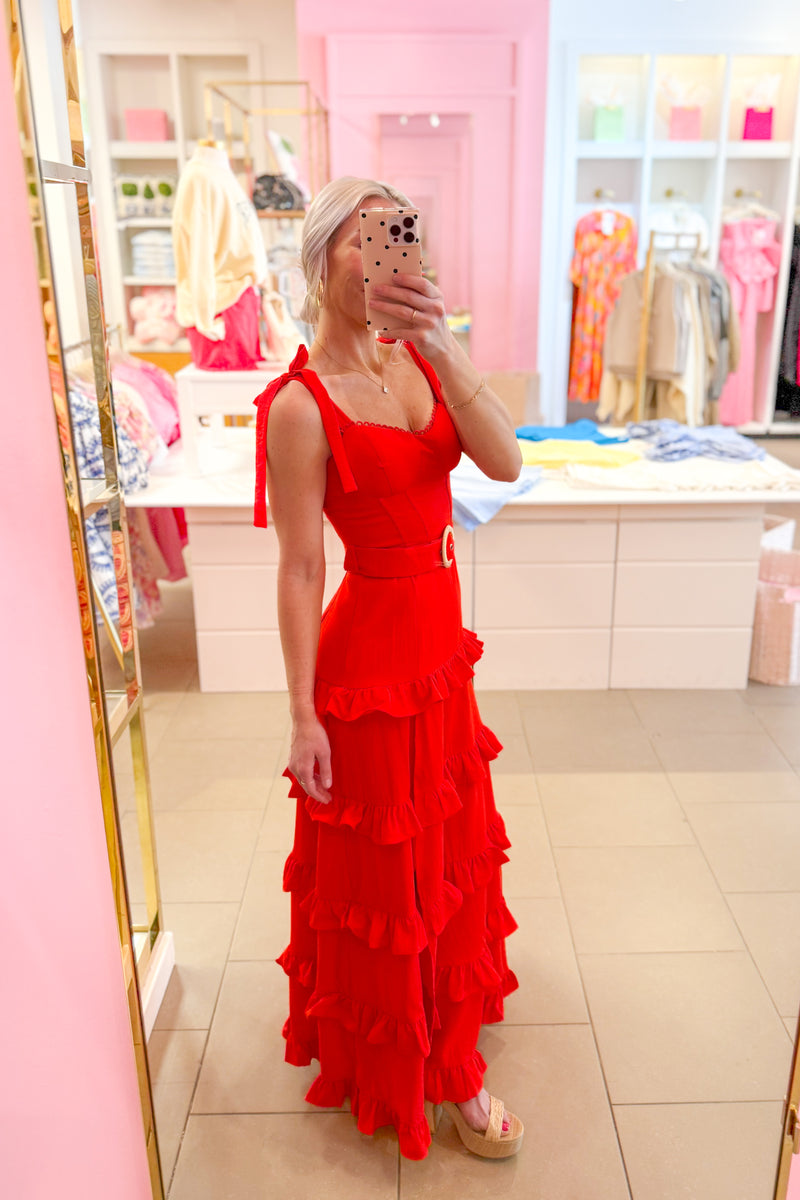 Red Tiered Ruffle Tie Top Maxi Dress