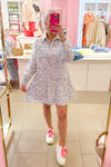 Blue Collared Floral Print Mini Dress