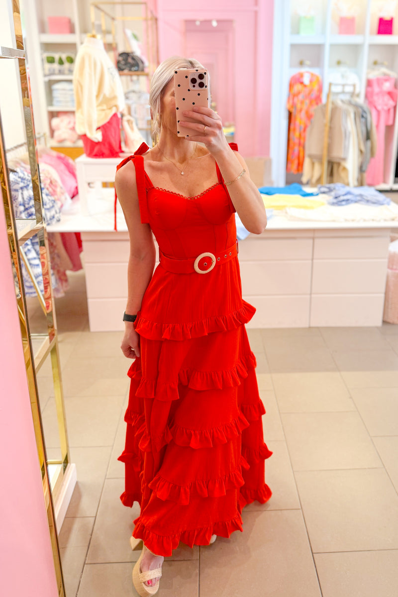 Red Tiered Ruffle Tie Top Maxi Dress