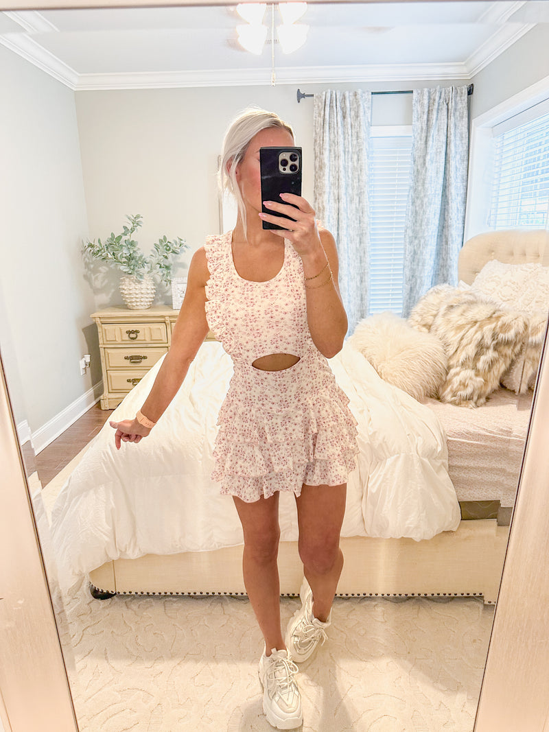 Pink Floral Ruffle Cut Out Athletic Mini Dress