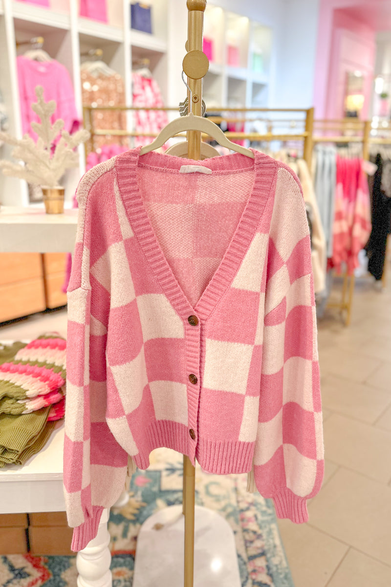 Pink and White Checkered Button Down Cardigan