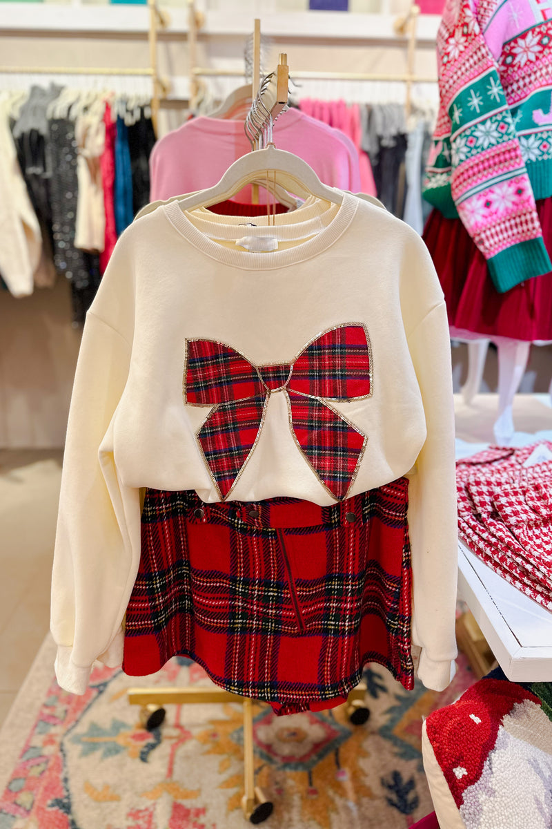 Cream Sweatshirt With Red Plaid Bow