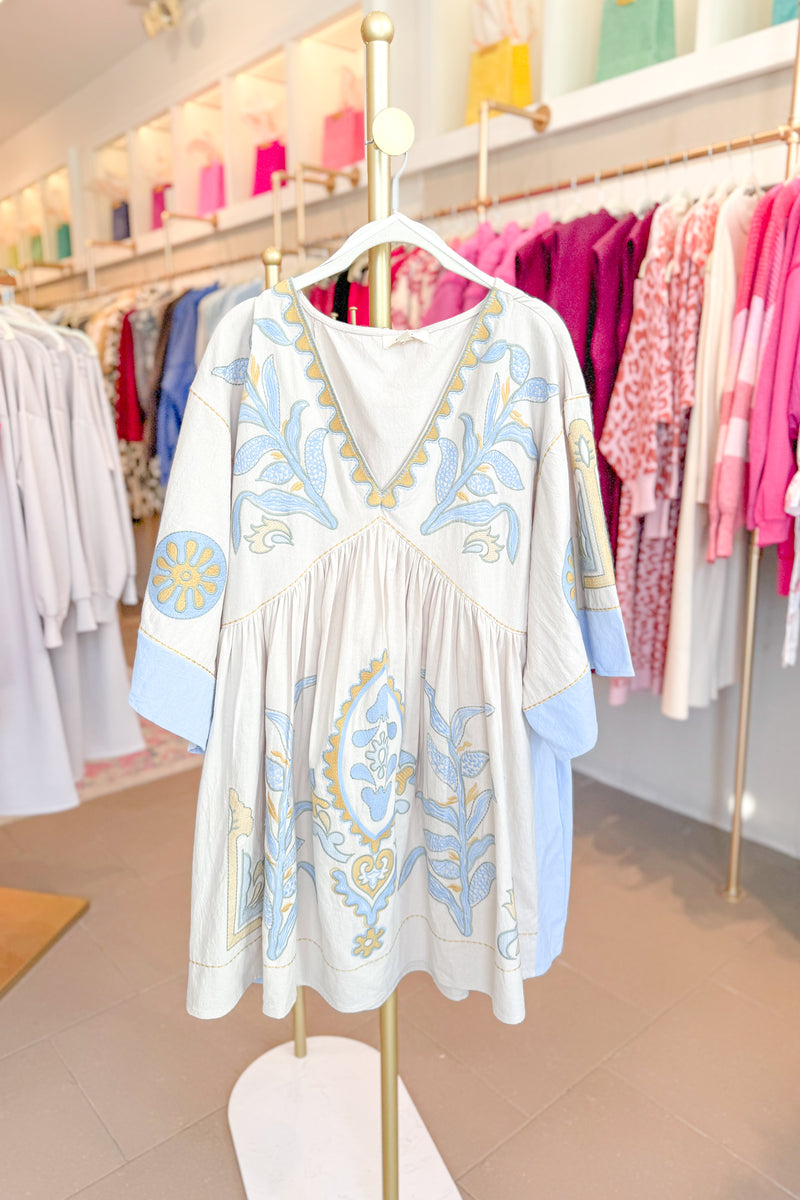 Baby Blue Floral Embroidered Mini Dress