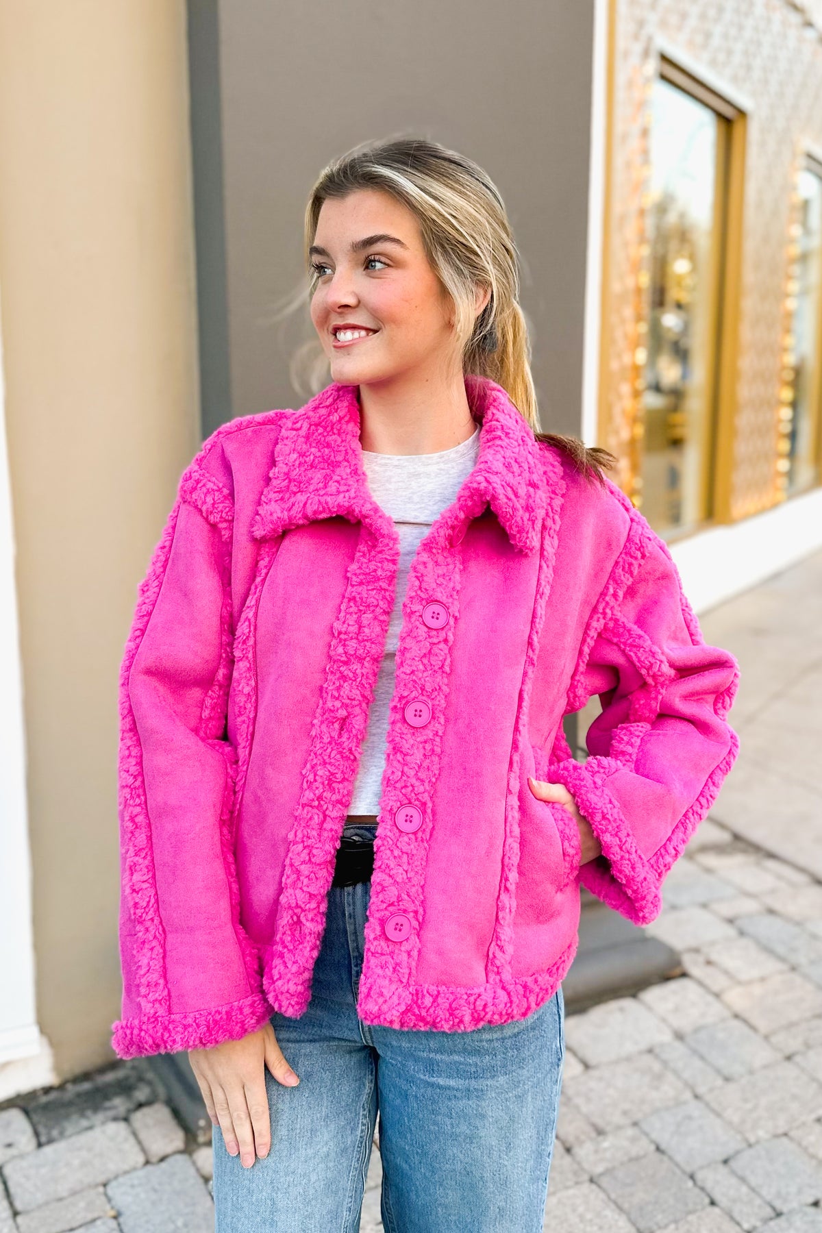 Hot Pink Shearling Contrast Jacket