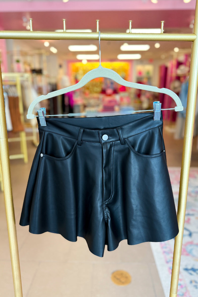 Black Flare Faux Leather Shorts