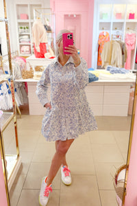 Blue Collared Floral Print Mini Dress