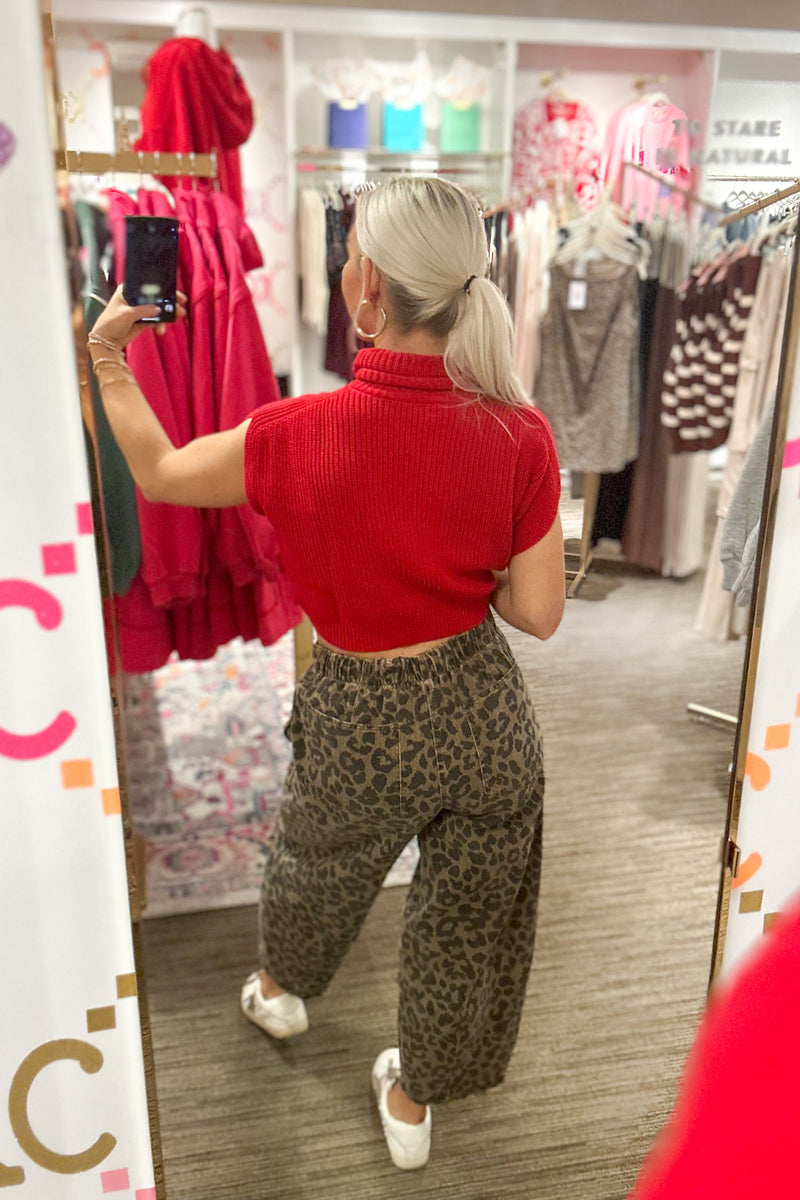 Red Boxy Turtleneck Sleeveless Sweater