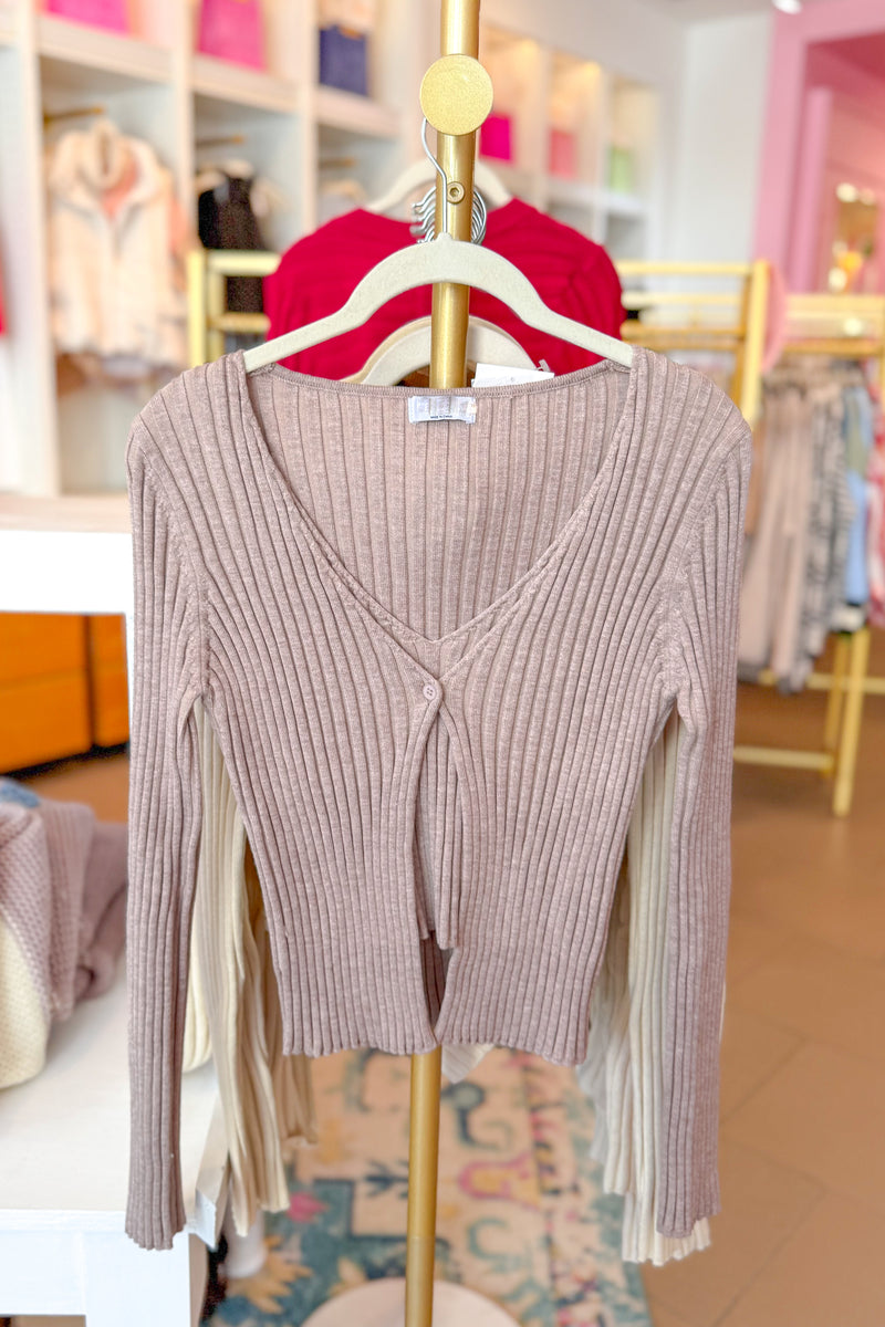 Mocha Ribbed Front Tie Sweater