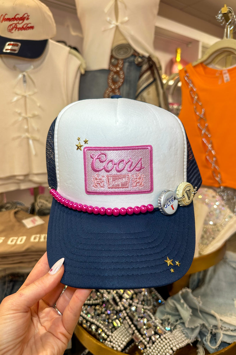 Beer Babe Navy and Pink Trucker Hat With Chain