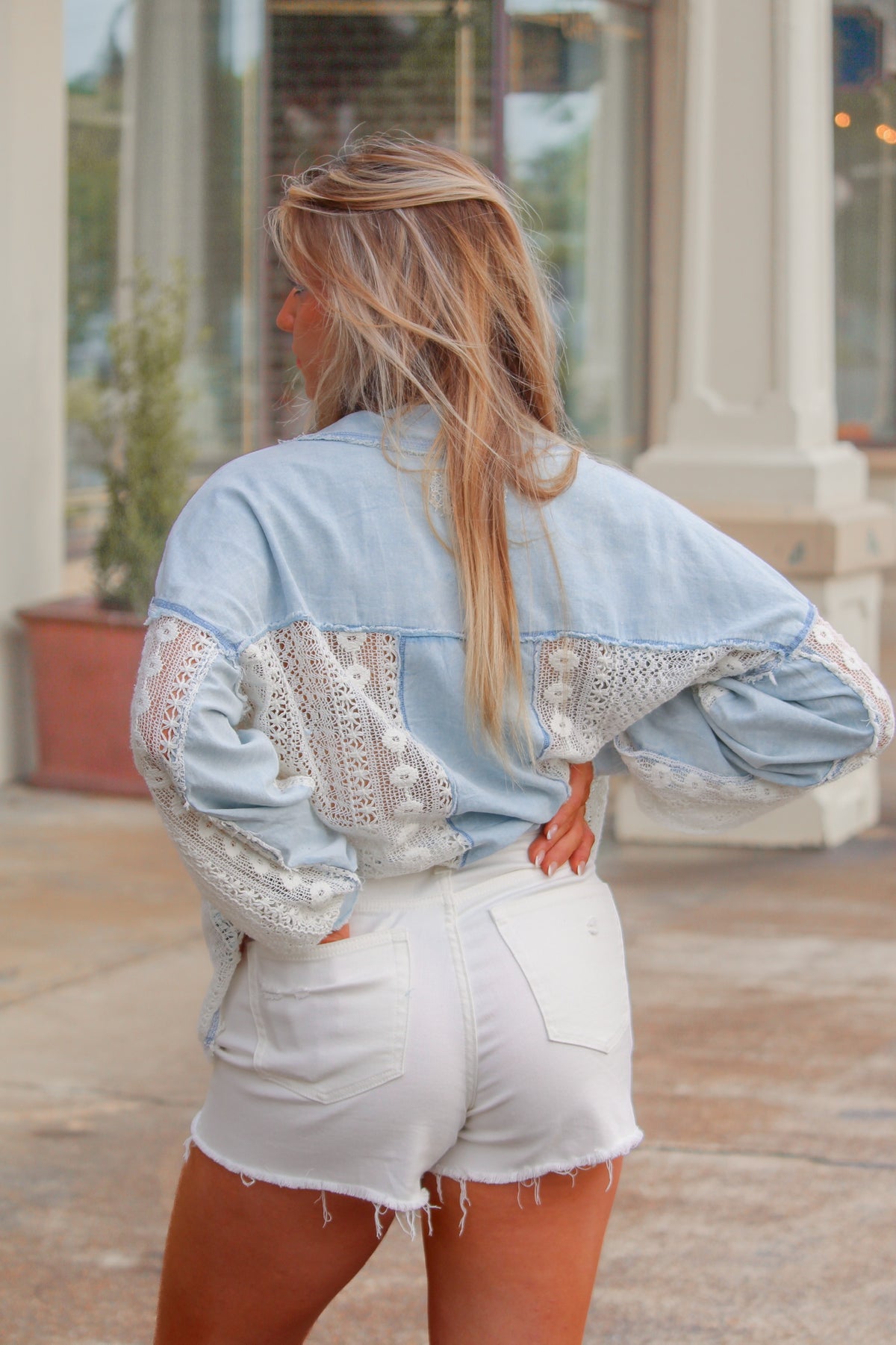 Denim And Lace Collared Blouse