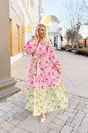 Pink and Green Floral Long Sleeve Maxi Dress