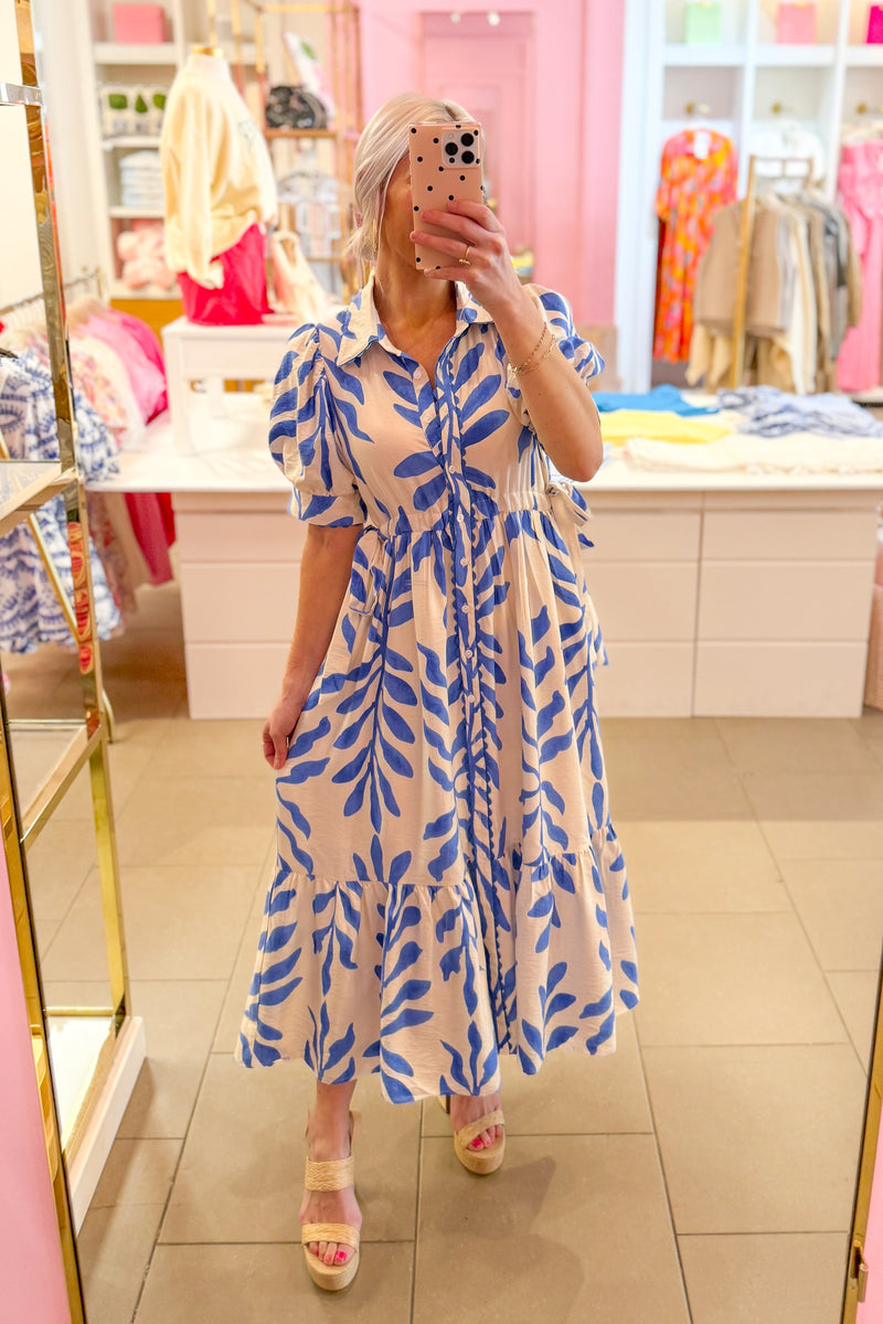 Blue Botanical Side Tie Maxi Dress