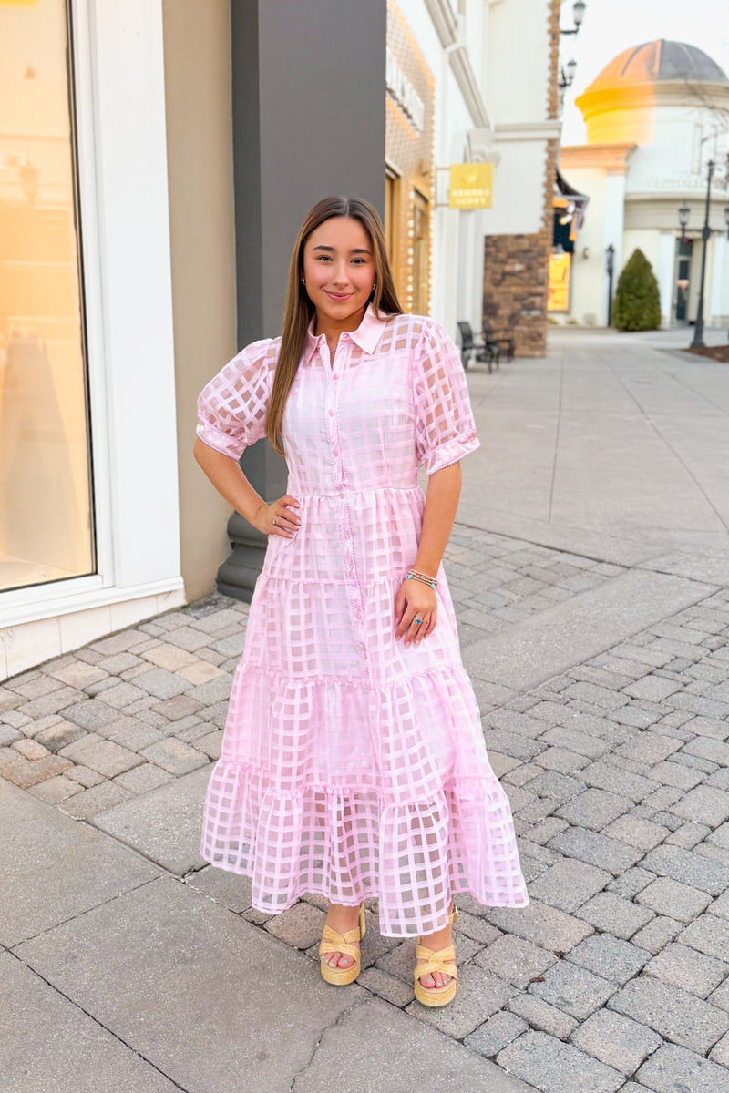 Baby Pink Plaid Sheer Puff Sleeve Midi Dress