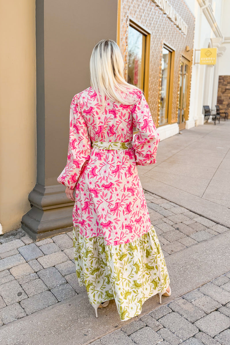 Pink and Green Floral Long Sleeve Maxi Dress