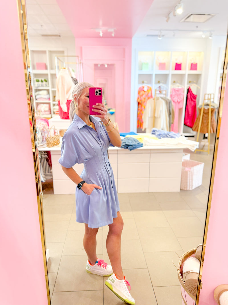 Blue Cinched Waist Short Sleeve Mini Dress