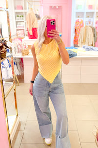 Yellow Ribbed Asymmetrical Sleeveless Sweater