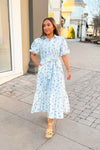 Blue Floral Print Puff Sleeve Midi Dress