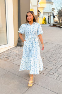 Blue Floral Print Puff Sleeve Midi Dress