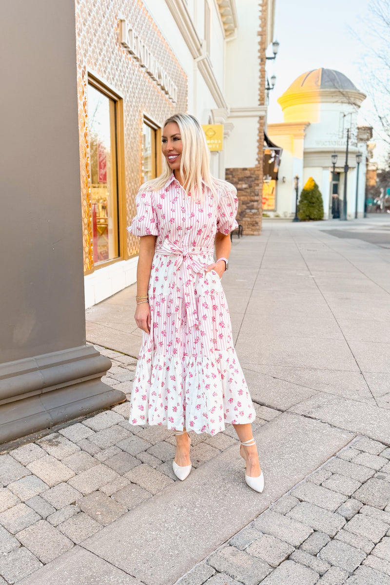 Pink Floral Print Puff Sleeve Midi Dress