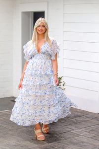 Blue and White Floral Ruffle Midi Dress