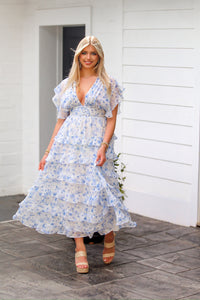 Blue and White Floral Ruffle Midi Dress