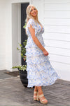 Blue and White Floral Ruffle Midi Dress