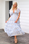 Blue and White Floral Ruffle Midi Dress | Kendry Boutique