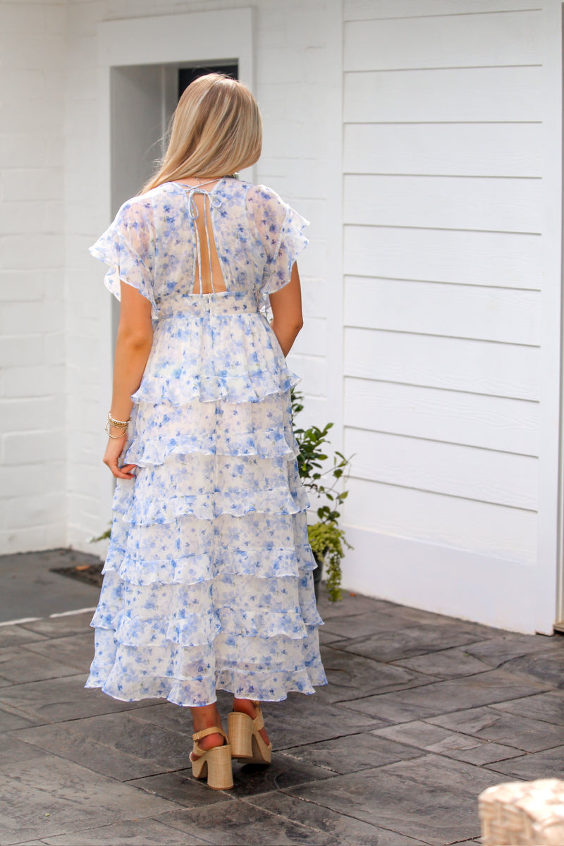 Blue and White Floral Ruffle Midi Dress