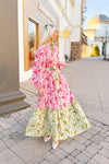 Pink and Green Floral Long Sleeve Maxi Dress