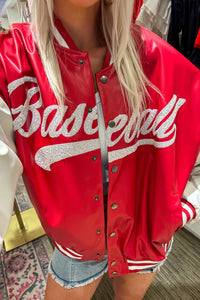 Red and White Sequin Baseball Varsity Jacket